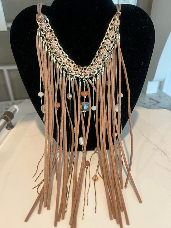 Jewelry - Fringe Suede-Look Statement Necklace in Tan with Mixed Metal Accents